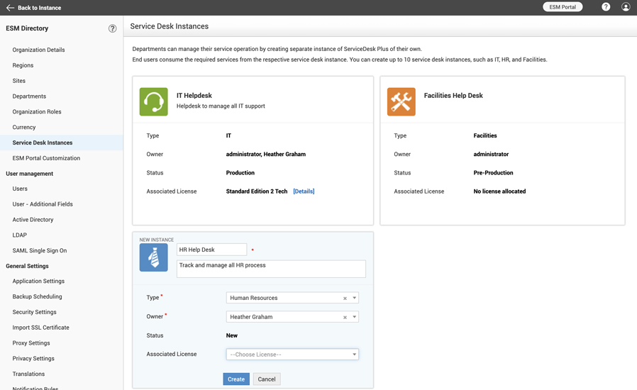A screenshot to show the creation of ServiceDesk Plus instances.